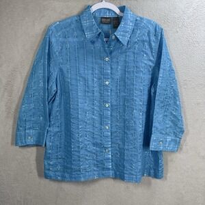 Chico's Semi-Sheer Boxy Fit Blouse Women's L Teal Blue Button Front Resortwear